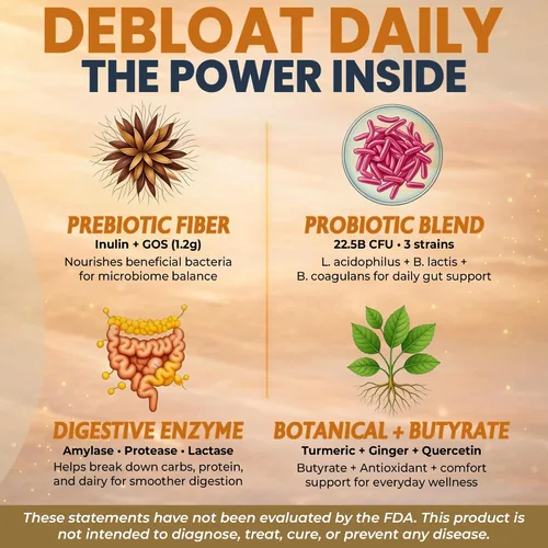 Vista 5 de Debloat Daily 3 en 1 Gomitas prebióticas, probióticas y enzimas digestivas Apoyo digestivo para mujeres y hombres Hinchazón ocasional, malestar