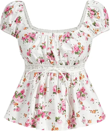 Vista 17 de SOLY HUX Blusa de verano de manga corta para mujer Blanco sólido