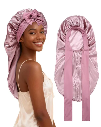 Vista 15 de AWAYTR - Gorro de satén para trenzas y cabello largo durmiendo para mujeres Long Satin Sleep Cap With Adjustable Tie Band, Protecting Braids Curly