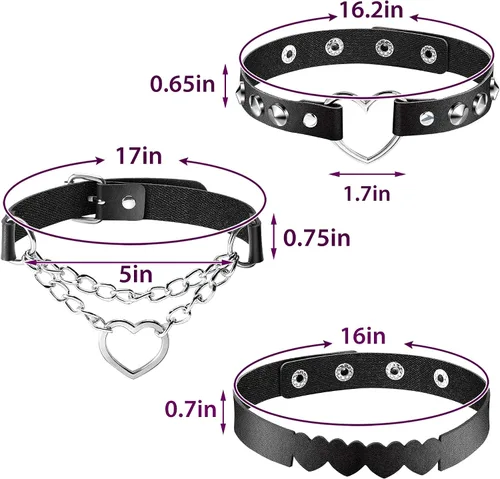 Vista 3 de Gargantilla de cuero con tema en forma de corazón de 6 piezas, gargantilla gótica punk ajustable de cuero de la PU (negro), Cuero sintético
