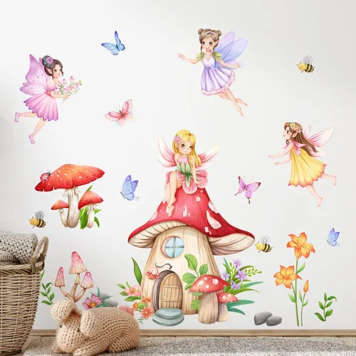 Vista 10 de Supzone Pegatinas de Pared de Hada de Flores Calcomanías de Pared de Niña Mariposa Pegatinas de Arte de Pared de Vinilo Removible para Niñas Bebé