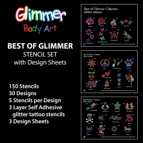 Vista 2 de Glimmer Body Art Temporary Tattoo Pro Business Kit - Juego completo con 30 purpurina, 150 plantillas, 3 hojas de diseño, 4 tubos de pegamento, 2