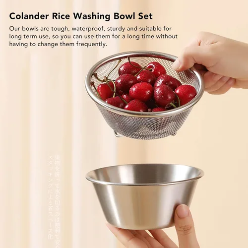 Vista 5 de Juego de cuencos de colador de acero inoxidable, cuencos para mezclar tazón de lavado de arroz, colador de alimentos, cesta de lavado de frutas