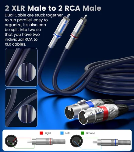 Vista 7 de tisino Cable doble XLR a RCA, cable de conexión de 2 XLR hembra a 2 RCA macho, conexión de audio estéreo de alta fidelidad, cable de interconexión