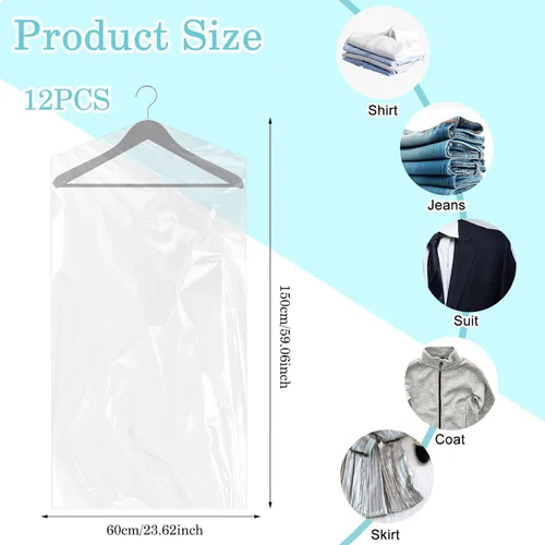 Vista 2 de cobee Bolsas de ropa para colgar ropa de 23.6 x 59.1 in, 12 paquetes de bolsas de plástico para tintorería, fundas protectoras de ropa a prueba