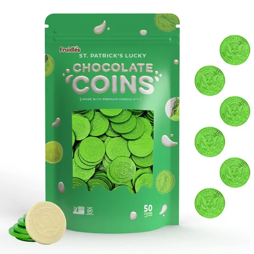 Vista 7 de Fruidles Monedas de chocolate con leche blanca del día de San Patricio, monedas verdes, moneda de chocolate con leche
