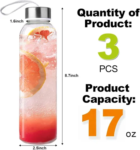 Vista 2 de Paquete de 3 botellas de agua de vidrio con tapa, transparente, 17 onzas Reusable Juice Bottle with Stainless Steel Cap, Glass Cup Liquid Storage