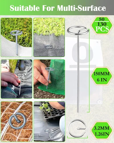 Vista 3 de 50 grapas de paisaje + 1 gancho de púa, estacas de tela de paisaje con parte superior circular, grapas de jardín galvanizadas de 6 pulgadas