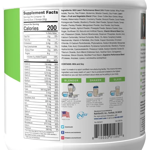 Vista 2 de Nutrition 53 Lean 1 - Batido de proteínas para quemar grasa, sabor a vainilla, 15 porciones