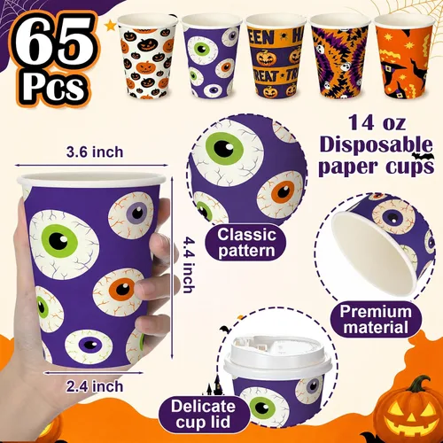 Vista 2 de 65 tazas de café desechables de Halloween de 14 onzas con tapas a