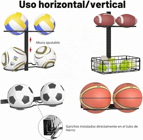 Vista 2 de Estante de baloncesto de 8 niveles desmontable montado en la pared, soporte vertical/horizontal para fútbol, sostiene 14 pelotas, soporte de fútbol