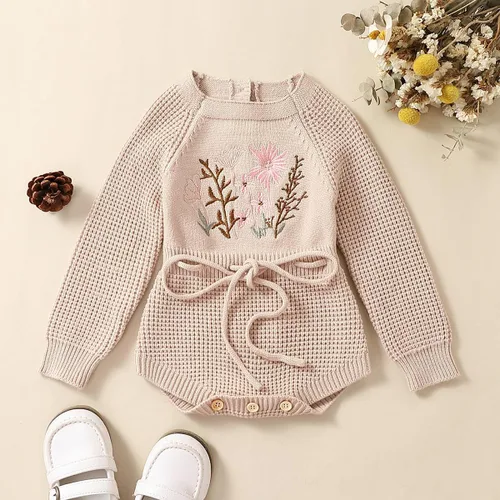 Vista 4 de Mameluco de punto para bebé niña, suéter de manga larga, bordado floral, de una pieza, ropa cálida para otoño e invierno
