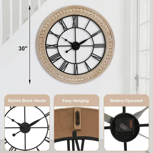 Vista 2 de RiteSune Reloj de pared de 30 pulgadas de decoración, relojes de pared de granja que funcionan con pilas, silenciosos, relojes grandes de bambú