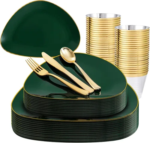 Vista 12 de DaYammi Juego de 210 platos de plástico desechables dorados para bodas y fiestas Marrón