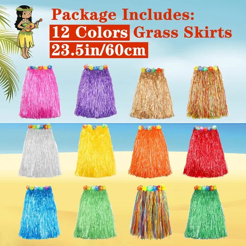 Vista 4 de Falda de hierba hawaiana Luau Hula faldas decoraciones de fiesta, suministros de hierba para adultos, flores elásticas de hibisco, falda tropical