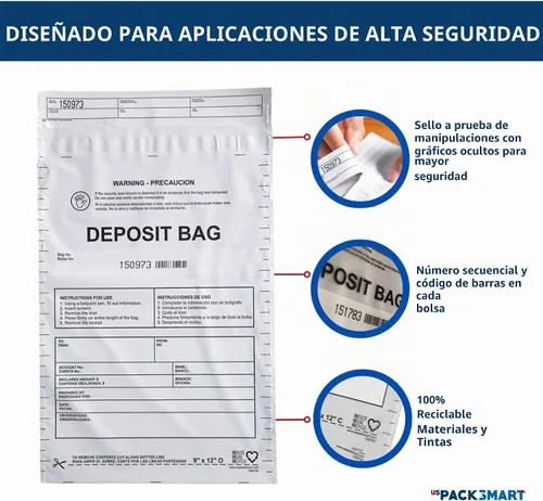 Vista 3 de Bolsas de plástico opacas de 9 x 12 pulgadas Depósitos bancarios seguros, manejo de efectivo o transporte seguro de divisas Códigos de barras