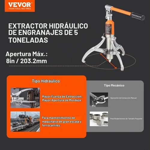Vista 2 de VEVOR Extractor hidráulico de engranajes, separador de extracción de rodamiento de rueda de capacidad máxima de 5 toneladas, extractor de 2 o 3