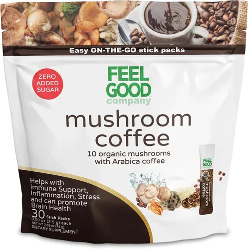 Vista 2 de Feelgood Company - Café de hongos con 10 hongos orgánicos y café arábica, 30 paquetes de barritas, cero azúcar añadido, apoya la salud inmunológica