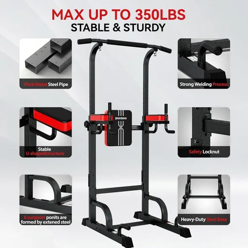 Vista 3 de Pooboo Power Tower Dip Station Pull Up Bar for Fitness Home Gym Workout,450 Pounds Multi-Function Adjustable Height Fitness Strength Training