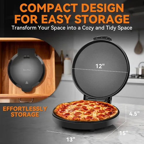 Vista 6 de Baker's Friend Máquina eléctrica de pizza para encimera, máquina para hacer pizza de 12 pulgadas para el hogar, máquina de quesadillas, placas