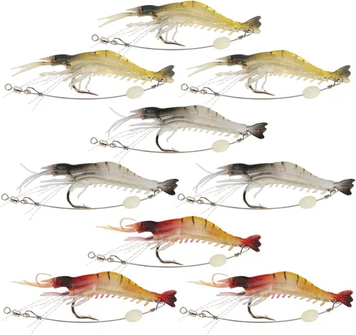 Vista 9 de Goture Soft Shrimp Lures Fishing Saltwater Luminous Shrimp Bait Set Fishing Lures with Sharp Hooks for Freshwater Saltwater Trout Bass Salmon