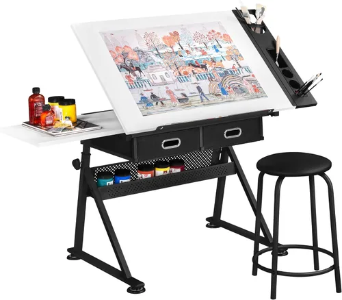 Vista 10 de Yaheetech Mesa de dibujo para artistas, escritorio de dibujo de altura ajustable, escritorio de arte/manualidades, estación de trabajo de pinturas