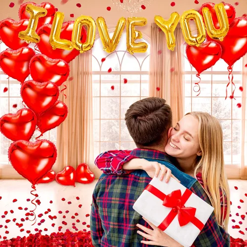 Vista 3 de kortes Kit de globos y globos de corazón con pétalos de rosa, decoraciones del día de San Valentín para fiesta