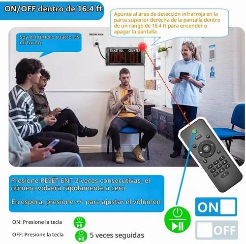 Vista 6 de Sistema de llamadas inalámbrico para clientes con 1 pantalla LED, número 15, impermeable, botón de llamada siguiente, 1 soporte dispensador