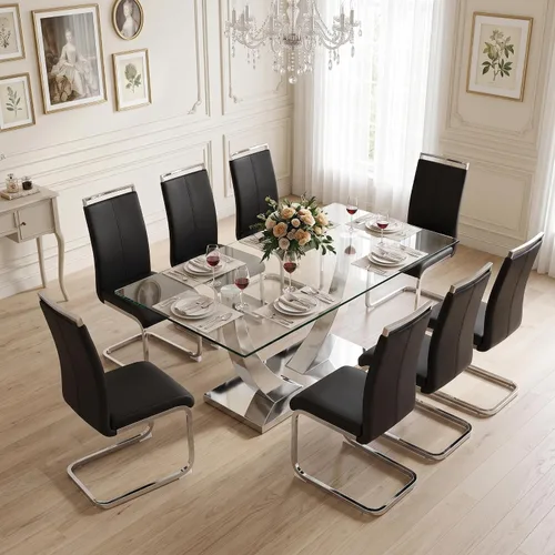 Vista 9 de Juego de mesa de comedor blanca para 6, 71 pulgadas, juego de mesa de comedor de mármol sintético para 6 Modern Dining Table Set for 6, Black PU