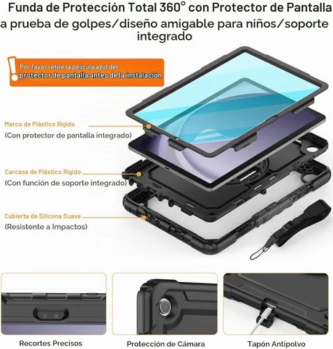 Vista 3 de DUNNO Funda para Samsung Galaxy Tab A9+ Plus de 11 pulgadas 2023, a prueba de golpes con protector de pantalla, soporte giratorio de 360°, correa