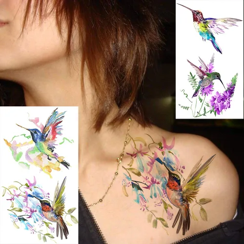 Vista 2 de 15 hojas de tatuajes temporales de colibrí de acuarela 3D de FANRUI para mujeres y niñas, pequeño, multicolor, colibrí, tatuaje, temporal, colorido