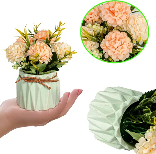 Vista 3 de Plantas de flores artificiales – Mini flores de hortensias falsas en maceta para decoración del hogar, fiesta, boda, oficina, patio, mesa