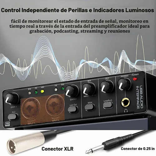 Vista 8 de Interfaz de audio USB 2X2 para PC Mac portátil, 24Bit 192kHz para grabación de computadora, guitarra, transmisión, podcasting, con alimentación