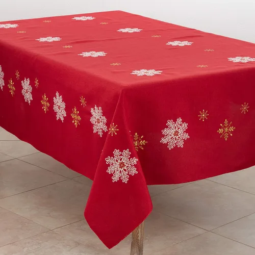 Vista 6 de Saro Lifestyle Camino de mesa bordado con diseño de copo de nieve, rojo, 16 x 120 pulgadas