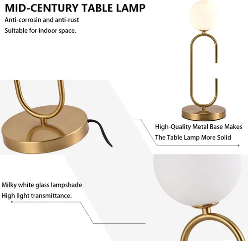 Vista 5 de Lámpara de mesa en forma de C de mediados de siglo, globo dorado, con 2 luces, regulable, con cristal blanco leche, lámpara de mesita de noche