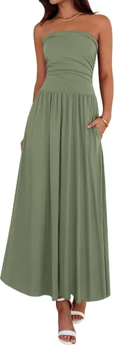 Vista 17 de BTFBM Vestidos largos de verano para mujer, vestido sin tirantes Marrón