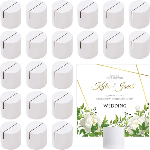 Vista 7 de Affrolling 12 soportes dorados para tarjetas de lugar, de madera, para números, mini soporte de mesa cilíndrica a granel para tarjetas