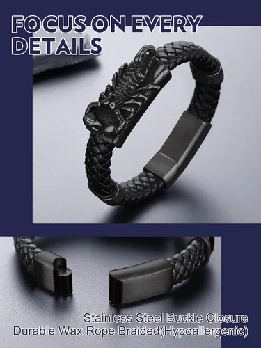 Vista 4 de Bandmax Pulsera trenzada de cuero negro para hombre con colgante gótico punk, pulsera de cuero con hebilla de acero inoxidable, paquete de regalo