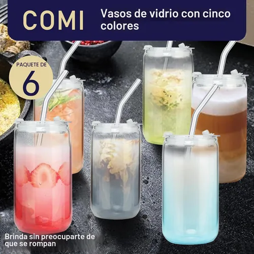 Vista 6 de COMI 6 piezas de vasos de vidrio con tapas y pajitas, vaso de vidrio para café helado, vasos de beber con dos cepillos de limpieza, juego de vasos