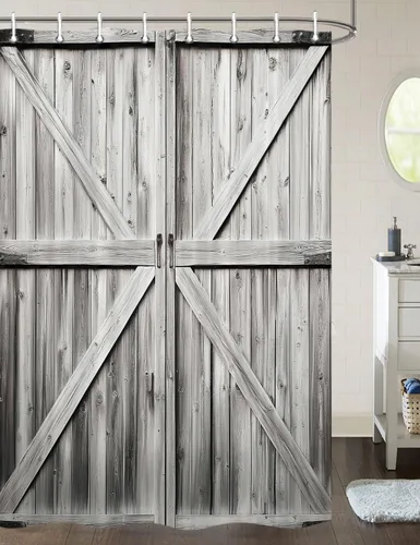 Vista 18 de JAWO Cortina de ducha rústica para puerta de granero, estilo occidental, para baño, tablero de madera marrón, tela impermeable de poliéster