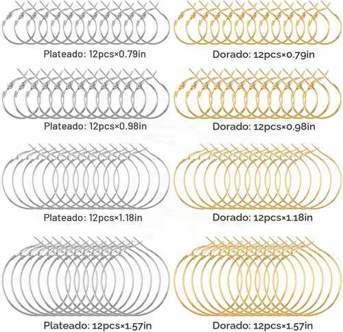 Vista 5 de PAGOW 96 aretes de aro para encontrar, 4 tamaños, oro y plata