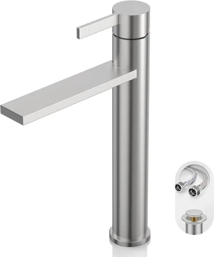 Vista 10 de Phiestina FH01-BG-V - Grifo de lavabo de baño de oro cepillado, un solo agujero, grifo alto de baño de una sola manija, con drenaje desplegable