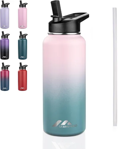 Vista 22 de StarSpeed Botella de agua aislada de 32 onzas con tapa con pajilla, botella de agua al vacío de doble pared de acero inoxidable, botella de agua