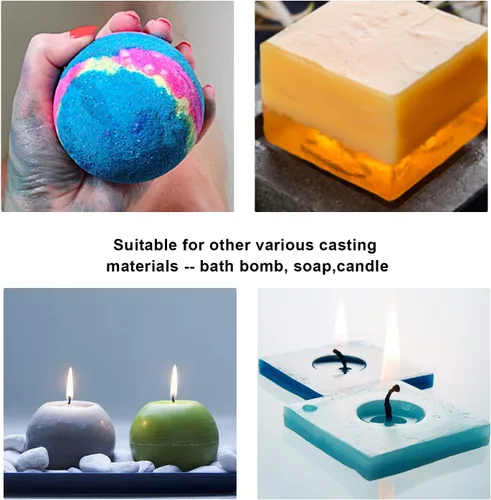 Vista 4 de Moldes de resina de silicona, 5 moldes de fundición de resina, incluyendo esfera, cubo, pirámide, cuadrado, redondo con 1 taza medidora y 5 pipetas