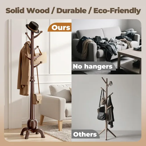 Vista 5 de Perchero de madera independiente, árbol de madera maciza con 8 ganchos, árbol de abrigo independiente resistente con base estable, entrada, pasillo