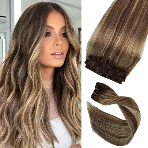 Vista 24 de Extensiones de cabello humano real Remy con clip, color blanco hielo, extensiones de cabello humano natural con clip, 12 pulgadas, 7 piezas, 2.47 oz