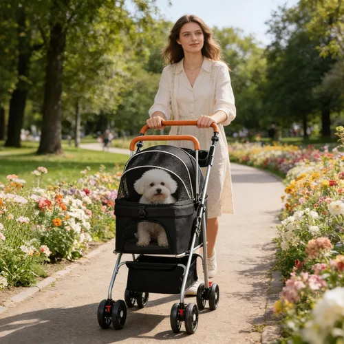 Vista 3 de YYW Cochecito para mascotas para perros y gatos pequeños, 3 en 1 plegable para gatitos, cachorros, carrito de paseo de viaje con portador extraíble