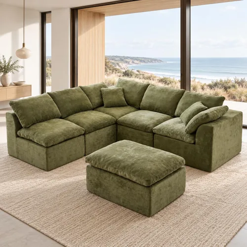 Vista 13 de Sofá modular en forma de L de 102 pulgadas para sala de estar, moderno sofá modular con otomana, cómodo sofá de espuma viscoelástica de felpilla sin