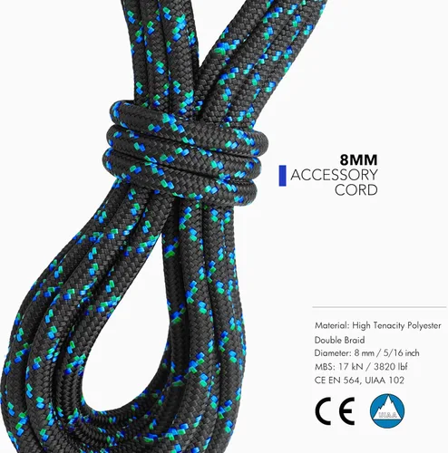 Vista 2 de GM CLIMBING 8mm (5/16in) Cuerda de Accesorio de Cuerda de Cordón Doble Trenzado Pre Cortada CE/UIAA Negro