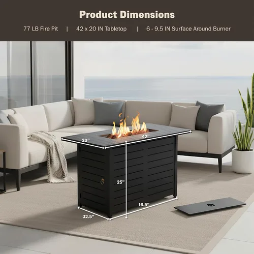 Vista 2 de Mazatzal Mesa para fogata de propano de 42 pulgadas, 60,000 BTU para exteriores con tapa, cubierta climática, roca de lava, hoguera rectangular